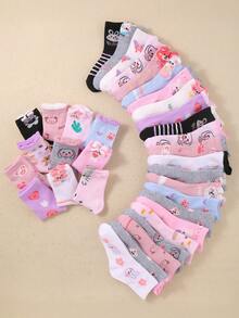 20 Pairs Girls' Cartoon Pattern Comfortable Mid-Calf Socks, Rabbit/Bear Designs, Lace Trim, Assorted Styles, Suitable For Daily Wear - Multicolor - View 2