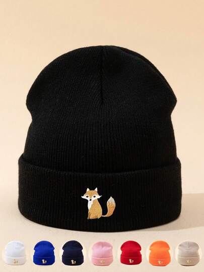 1pc Unisex Cartoon Fox Embroidery Beanie, Elastic Warm Casual Outdoor Fashion Knit Hat, Versatile Thin Style Suitable For Daily Wear, Gift Autumn Outfits