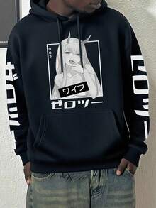 Zrgoth动漫风格！男士抓绒连帽衫，新款秋冬街头时尚印花套头卫衣 - 黑色 - 查看 4