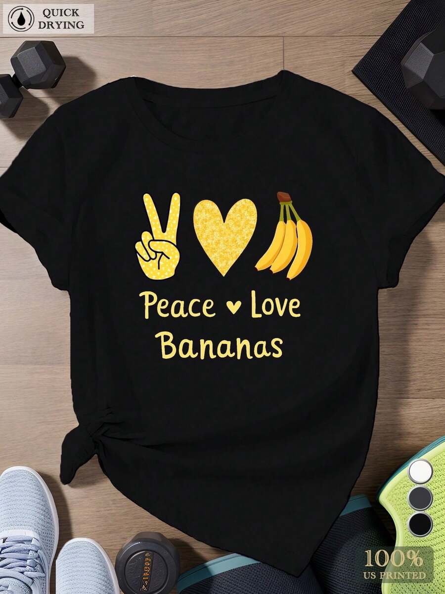 Women's Graphic Print T-Shirt Fall Women Clothes - Black With Yellow Peace Sign & Camiseta; Banana Heart Design, 100% Cotton Printed Casual Short Sleeve Top For Sports & Camiseta; Casual Attire - Black - View 1