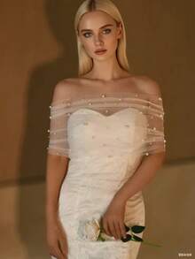 1 件新娘仿珍珠薄纱披肩，黑白短款露肩性感新款跨境伴娘臂套斗篷、派对和婚礼披肩 - 彩色 - 查看 11