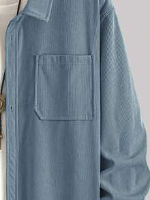 畅销轻薄灯芯绒男士休闲衬衫外套，翻领，纽扣前襟，长袖，双口袋设计，适合日常休闲、时尚简约外出、舒适居家及街头穿着，春季薄款长袖衬衫 - 霧霾藍 - 查看 6