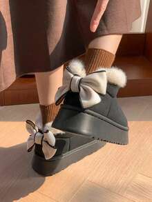 女士 EVA 厚底蝴蝶结设计保暖内衬防滑平底休闲鞋，温暖时尚，适合秋冬季 - 黑色 - 查看 7