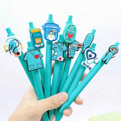 5/10pcs Cute Cartoon PVC Soft Gel Nurse Pens, Office & School Supplies Writing Pens, 1.0mm Refill, Multiple Styles, Black Ink, Signature Pens, Classroom Rewards, Holiday & Birthday Gifts
