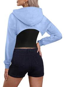 Women Crop Top Pullover Sweatshirt Long Sleeve Drawstring Hoodie - Màu xanh lam - Xem 2