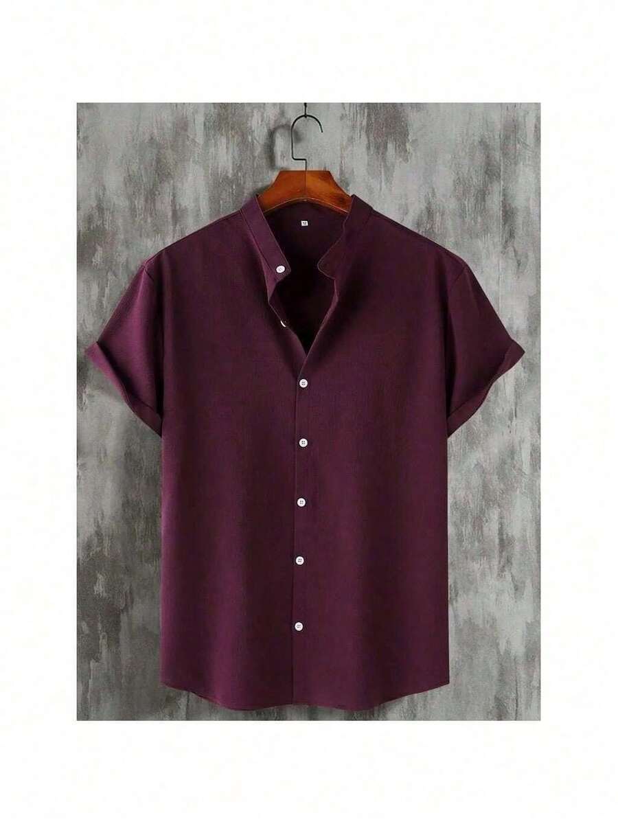 Men's Solid Color Shirts, Casual Shirts, Summer Outdoor Short Sleeve Shirts - Burgundy - View 1