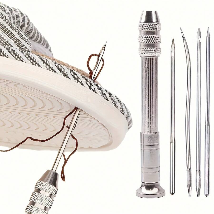 A Set Of Leather Sewing Awl Needle Kits, 1 Set Of Metal Hand Sewing Awls, Hand Needles For DIY Leather Crafts, Shoe And Bag Repair, Suitable For All Seasons - Gray - 1 Set (5 Pieces) - View 1