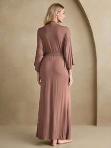 Anewsta 休闲单件女士长袖纯色简约休闲舒适光滑浴袍假日季节 - 棕色 - 查看 3