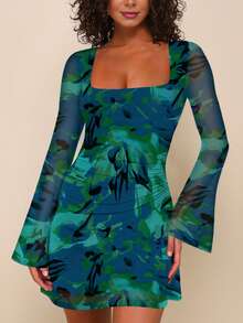 SEBOWEL Tie Dye Print Ruched Mesh Slim Mini Dress Women Elegant Floral Square Neck Long Sleeve Bodycon Club Party Cocktail Dresses, Casual Spring Fall Winter Dress - 綠色 - 查看 3