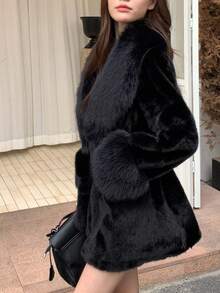 圣诞纯色长袖仿毛领收腰休闲外套黑色冬季款 - 黑色 - 查看 5