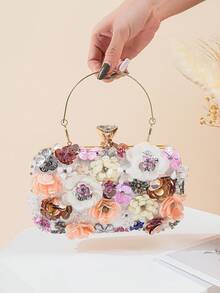 花朵装饰单肩包、斜挎包、旗袍手拿包、优雅女士派对包、伴娘手拿包、新娘手包、珍珠装饰晚宴手拿包、亮片串珠链条正装手拿包 - 彩色 - 查看 1