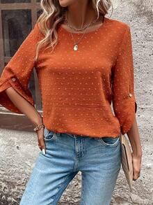 Women's Cute Round Neck Cutout Polka Dot Fashionable 3/4 Sleeve Chiffon Blouse, Suitable For Commuting, Travel, Vacation, Date, Party, Daily Wear, Comfortable, Solid Color, Versatile Top T-Shirt