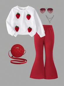 Conjunto de sudadera de cuello redondo de manga larga con estampado gráfico de fresa de gofre + pantalones acampanados de color liso acanalado para niñas, otoño/invierno - Blanco - Ver 1