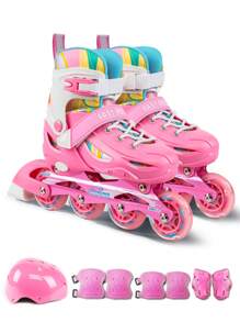 FREE STAR 1 Set Carefree Knight Sporty PU Inline Skates With Colorful Flashing Wheels For Teens And Adults, Comfortable Adjustable Size, Full Set With Helmet & Protective Gear, Outdoor Roller Skating Equipment For Beginners, Unisex All Season - Pink - View 13