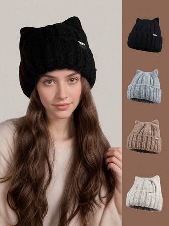 Cute Cat Ear Knitted Hat For Women, Warm Earmuffs Beanie Cap, Versatile Brimless Hat For Autumn/Winter
