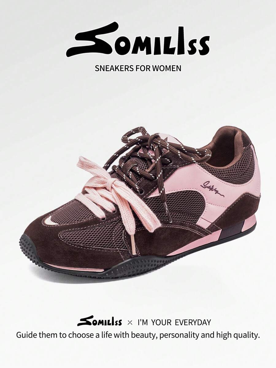 somiliss 女士休闲运动鞋，软底网眼拼接，透气舒适，适合户外步行，日常通勤穿着，隐形坡跟设计