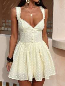 Women's Summer Mini Dress Stylish Solid Lace Trim Flower Embroidered Hollow Details Sleeveless V Neck A Line Dress - 黃色 - 查看 1