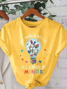 [Camiseta de Concientización] Camiseta con Estampado Gráfico de Concientización sobre el Autismo| Camiseta Casual de Cuello Redondo Suave y Elástica para Mujeres, Lavable a Máquina, Top de Primavera Verano, Diseño de Bombilla y Flores "El Mundo Necesita Todo Tipo de Mentes", Camiseta de Colores Juguetones, Camiseta de Ajuste Cómodo - Negro - Ver 7