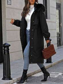 Áo khoác nữ Giolshon thanh lịch và thời trang, với túi tiện dụng và lớp lót lông giả, kiểu áo parka, sự lựa chọn lý tưởng cho mùa thu và mùa đông. - màu đen - Xem 3