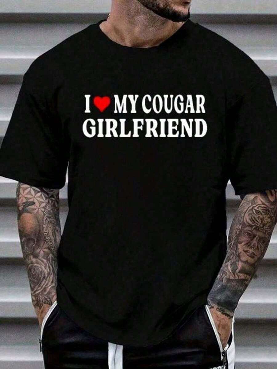 % Cotton I Love My Cougar Girlfriend GF I Heart My Cougar Girlfriend-Shirt Women's Men's Graphi Vintage Shirts Graphic Tees Men Camisas Para Hombre Funny Shirts Printed & Shipped In USA Men Tops Summer - 黑色 - 查看 1