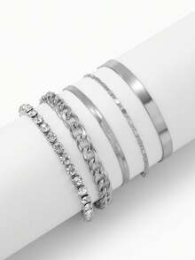 5 件/套复古简约铜质手工多层几何水晶吊饰手链套装适合女孩 - 均碼 - 查看 6