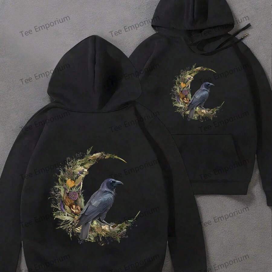 Hoodies Men's Heavy Hoodie - Gothic Crow And Crescent Pattern Pullover - Black  Pocket Sweatshirt - Winter Street Clothing - Machine Washable Polyester Gift, Must Have For Dark Fashion Lovers, Fall Outfit, Art Print Design, Adjustable Drawstring Hood Enclosure, Casual Style, Soft Fabric, Urban Style - Black - View 1