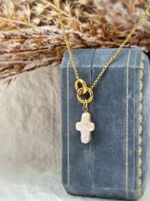 1pc Minimalist Elegant Luxury Asymmetrical Cultured Faux Pearl Cross Stainless Steel Waterproof Pendant Necklace, Suitable For Women's Daily, Party, Vacation, Banquet Wear, Great Gift For Mother, Wife, Girlfriend, Birthday, Christmas