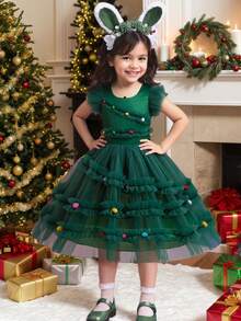 年轻女孩经典圣诞绿色短款盖袖彩色 3D 球装饰公主裙，带可拆卸大蝴蝶结和网眼撞色，派对/晚礼服 - 綠色 - 查看 3