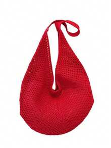 大容量時尚鉤針編織單肩托特包，輕量多功能針織聚酯纖維手提包，紅色，適合旅行、海灘、度假與日常使用，大號托特包海灘包 - 紅色 - 查看 8