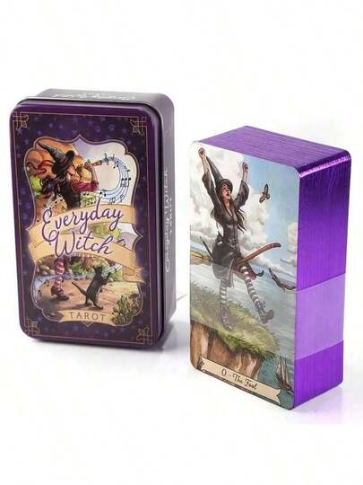 Everyday Witch Tarot Cards, Fortune Telling Tarot Card Games For Fun, Family Party Entertainment Game Cards,Tin Metal Box, 78 Cards Gilded Edge Guidebook Deck, Tarot, Entertainment Party Board Game, Gaming Gift