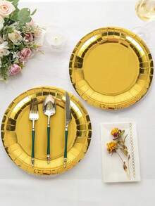 100/50 件金色重型可重复使用盘子 - 优雅的抛光金属边缘，厚纸板材料适合婚礼、生日派对、宴会 - 防溢桌面装饰，易于清洁