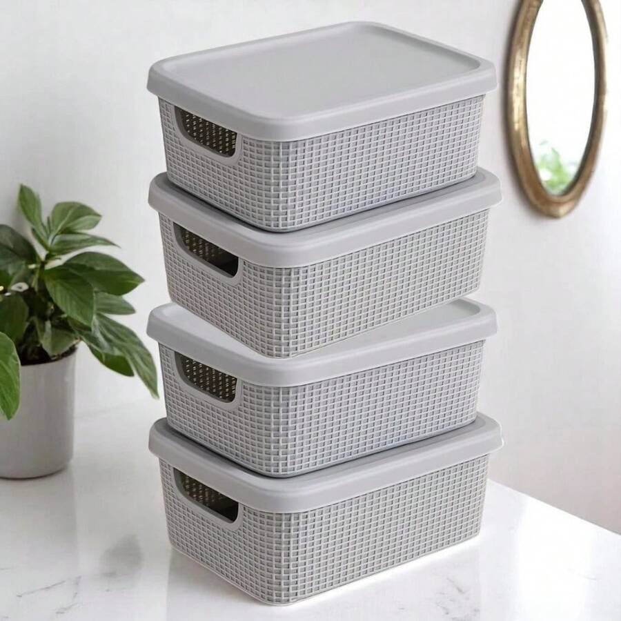 Kit Of 4 Organizer Boxes With Lid 1.8 Liters  Utilities Durable Plastic Stackable Exclusive Texture Multipurpose - Xám - Xem 1