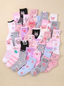 20 Pairs Girls' Cartoon Pattern Comfortable Mid-Calf Socks, Rabbit/Bear Designs, Lace Trim, Assorted Styles, Suitable For Daily Wear - Multicolor - View 5