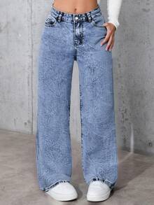 Pantalones vaqueros azul desgastado para mujer, de pierna recta y larga, sin estiramiento, de uso casual, con detalles de bolsillos de moda y artesanía de cordones, cada uno es diferente