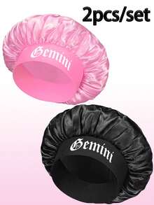 2件装缎面十二生肖印花睡帽，缎面丝绸睡帽，适合女孩睡眠，丝绸睡帽，带松紧带的卷发睡帽。（印花图案随机。）头发睡眠帽 睡眠帽 - (黑+粉)-星座-2pcs - 查看 17