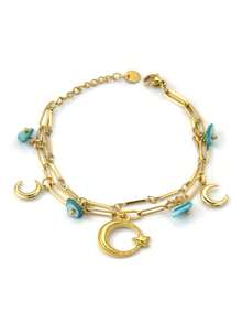 1pc Y2K Funky Stainless Steel Moon Charms Bracelet 18K Gold Plated Double Layer Chain Cuff Jewelry For Women Teen For Daily Decoration & Friendship Gift