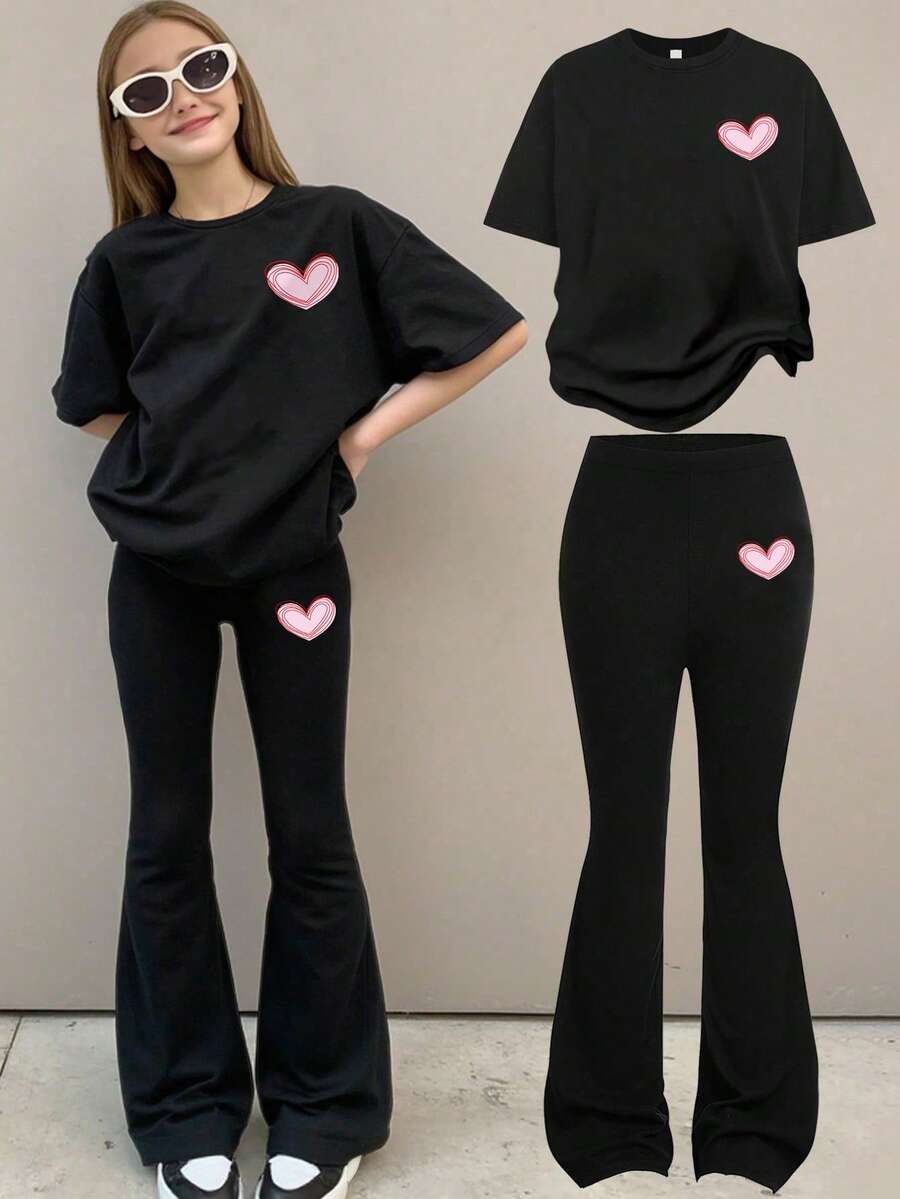 2pcs/Set Teen Girl Butterfly Print Short Sleeve T-Shirt And Flare Pants Outfit, Spring/Summer - Black - View 1