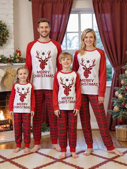 Christmas Family Pajamas Matching Set Letter Elk Print Long Sleeve Tops And Plaid Pants Sleepwear