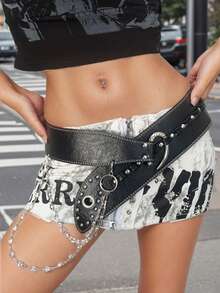 1 件纯色朋克街头 PU 皮革重型铆钉弯钩水钻链腰带，Y2K American Baddie 时尚朋克复古风格女式腰带，可搭配裙子和裤子