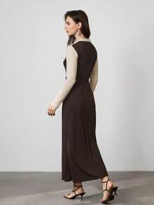 Women's Elegant Turndown Collar V-Neck Color Block Long Sleeve Maxi Dress, Suitable For Commuting, Autumn/Winter