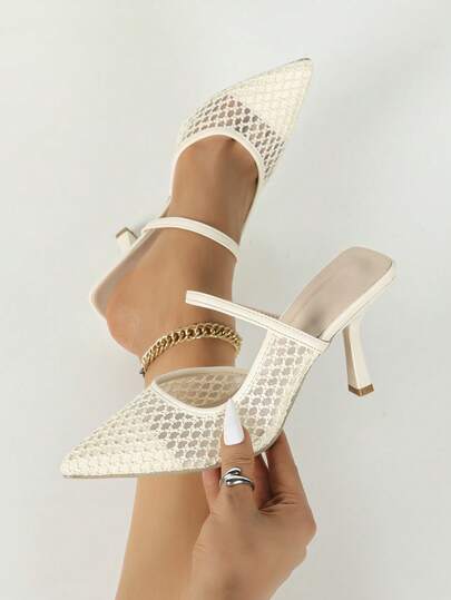 Women's White Pointed Toe Mesh Slip-On Mule Stiletto High Heel Shoes, Fashionable Minimalist Elegant Mules
