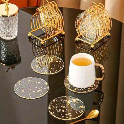 8/6/4/2/1pc Gold Flaky Acrylic Coasters - Ideal For Parties And Home Decor, Heat-Resistant Coasters, Non-Slip Placemats, Cup Mats, Drink Holders, Scene Decor, Holiday Decorations, Home & Office Decor, Theme Parties, Halloween, Christmas