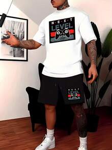 Men's Summer Letter & Gaming Console Print T-Shirt And Drawstring Waist Shorts Set - White - View 1