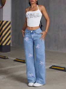 青少年女孩宽松蝴蝶印花休闲舒适喇叭牛仔裤 - 中等水洗藍 - 查看 3