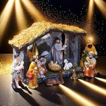 LUMIARTISAN Classic Christmas Scene Set - Resin Christmas Trunk Decoration With Jesus Statue, Perfect Holiday Gift For Home And Office, Nativity Statue Ornament, 12 Piece Christmas Gift Set