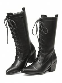 Women's Retro Pointed Toe Boots Fashion Block Chunky Heels Side Zipper Lace-Up Casual Party Dress Fall Vintage Mid Calf Boots Woman - 黑色 - 查看 2