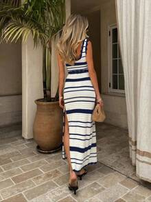 2025Two-Piece Set Women's Striped Print Crop Knit Top & Skirt, Elegant Breathable Fashion Casual Hollow Out Knit Top & Skirt For Daily Outdoor Wear, Women's Knitwear For Summer, Clothes, Cute Summer Outfit - Red - View 4