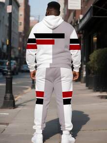 Bộ áo hoodie họa tiết sọc khối màu tương phản ZhuYa cỡ lớn dành cho nam, Bộ thể thao 2 món Xuân Thu Đông - Áo hoodie dáng rộng cỡ lớn có mũ trùm đầu + Quần nỉ có dây rút, Phong cách đường phố Hip Hop đa năng - Nhiều màu - Xem 5