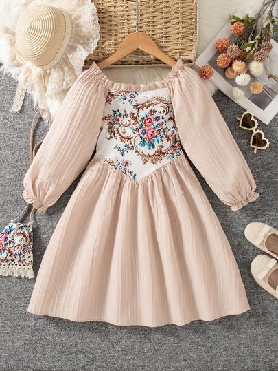 Girls Casual Floral Print Crew Neck Long Sleeve Knee-Length Dress With Pouch, Suitable For Spring/Autumn