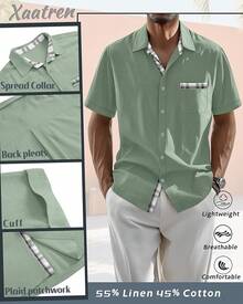 Men's Big And Tall Linen Shirts, Button Down Short Sleeve Summer Shirt Casual Cotton Beach Vacation Tops With Pockethalloween - Light Green - Xem 9
